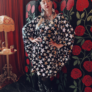 Black Star Sequin V-Neck Mini Kaftan