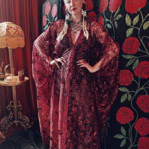 Crimson Bloom Sequin V-Neck Kaftan Gown