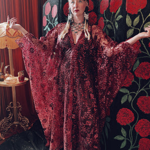 Crimson Bloom Sequin V-Neck Kaftan Gown