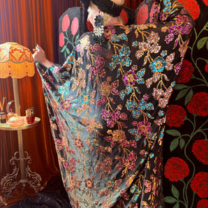 Enchanted Pomegranate Blossom Rose Gold Sequin V Neck Kaftan Gown, Freesize