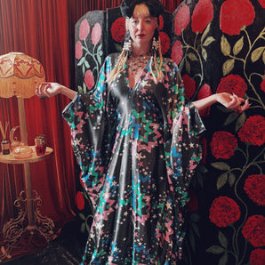 Cosmic Starlight Slinky Satin V-Neck Kaftan Gown
