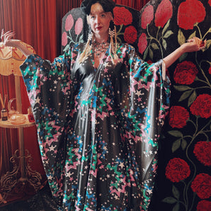 Cosmic Starlight Slinky Satin V-Neck Kaftan Gown