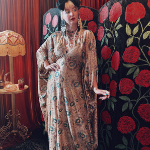 Golden Rose Floral Slinky V-Neck Kaftan Gown