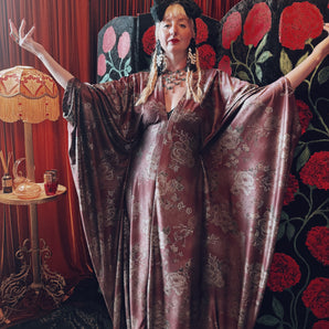 Slinky Black Rose V Neck Kaftan Gown, Freesize