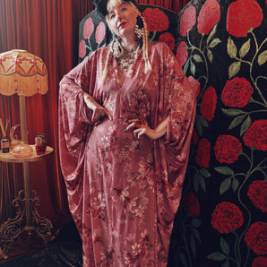 Petals at Dusk Floral Slinky V-Neck Kaftan Gown