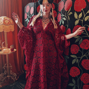 Crimson crochet Lace V-Neck Kaftan Gown