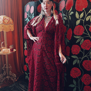 Crimson crochet Lace V-Neck Kaftan Gown