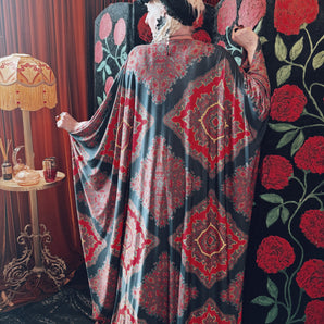 Bohemian Harvest Red and Black Chains Slinky V-Neck Kaftan Gown