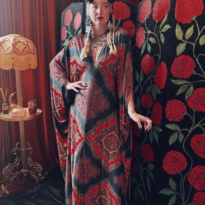 Bohemian Harvest Red and Black Chains Slinky V-Neck Kaftan Gown