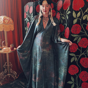 Forest Deep crepe V-Neck Kaftan Gown