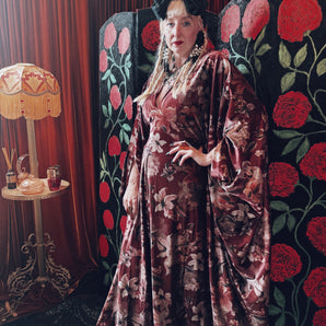 Opulent Velvet Sacred Rose V Neck Kaftan Gown, Freesize