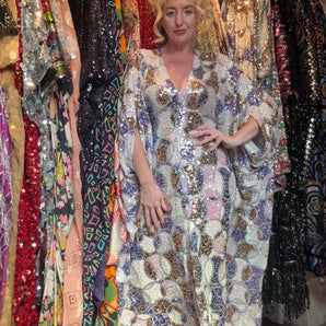 Luxe Sequin Purple and Gold Circles Kaftan Maxi length