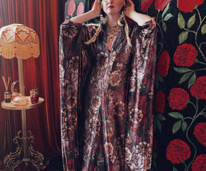 Opulent Velvet Twilight Bloom V Neck Kaftan Gown, Freesize