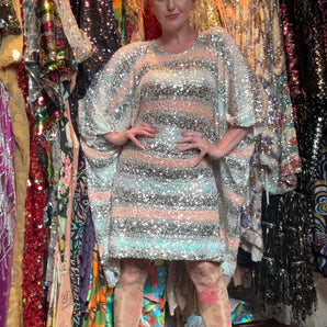 Luxe Sequin Mini Dress Peach and Silver stripes - 85cm length