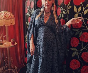 Dusky Blue Crochet Lace V-Neck Kaftan Gown, Freesize