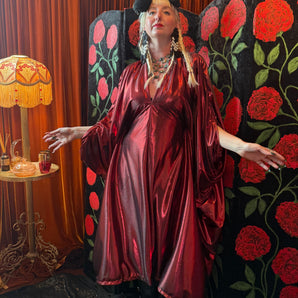 Red Foil Metallic V-Neck midi Kaftan Gown