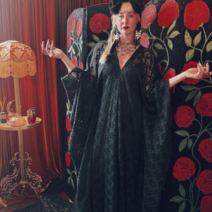 Midnight Bloom Lace V-Neck Kaftan Gown