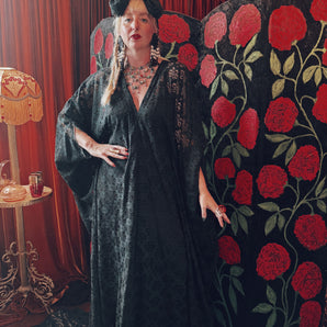 Midnight Bloom Lace V-Neck Kaftan Gown