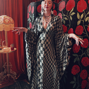 Checkerboard Maze Slinky V-Neck Kaftan Gown