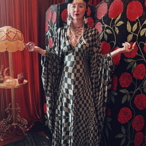 Slinky Checkerboard Maze V Neck Kaftan Gown, Freesize