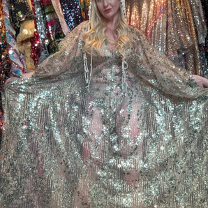 Light Gold and green glitter shimmering sheer tulle Maxi length Kaftan 138cm