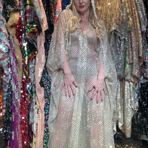 Gold criss cross glitter shimmering sheer tulle Maxi length 138cm Kaftan