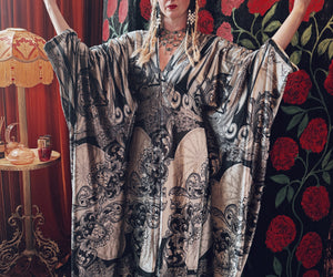 Opulent Velvet Celestial Baroque V Neck Kaftan Gown, Freesize