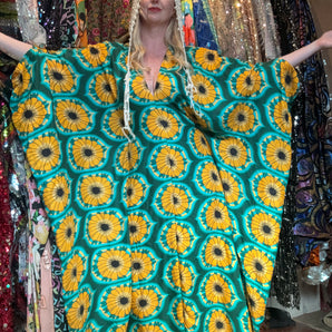 Soft Crepe Sun flower Power Green Kaftan Maxi length 138cm