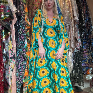 Soft Crepe Sun flower Power Green Kaftan Maxi length 138cm