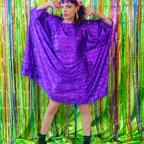 Sparkles Tinsel Hair Mini Kaftan Party Dress Purple