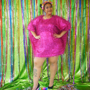 Sparkles Tinsel Hair Mini Kaftan Party Dress Pink