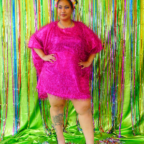 Sparkles Tinsel Hair Mini Kaftan Party Dress Pink