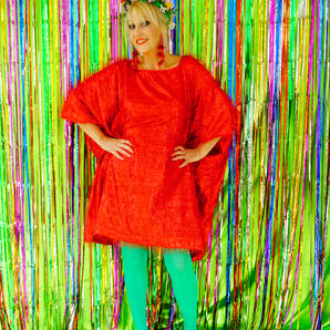 Sparkles Tinsel Hair Mini Kaftan Party Dress Red