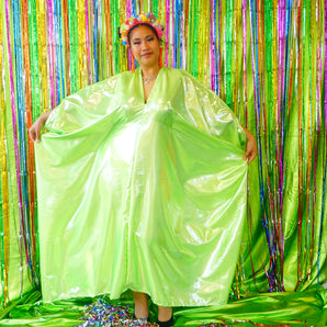 Slinky Satin Metallic Chrome Kaftan - Prom Queen Lime Green