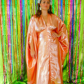 Slinky Satin Metallic Chrome Kaftan - Prom Queen Orange Peach