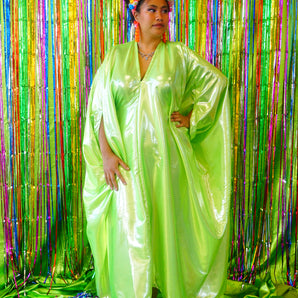 Slinky Satin Metallic Chrome Kaftan - Prom Queen Lime Green