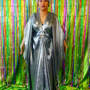 Metallic Silver Pleated Studio 54 Maxi Kaftan Dress