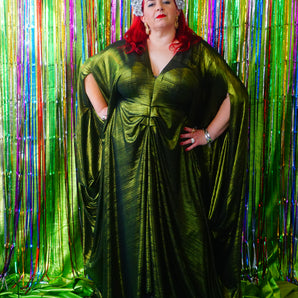 Metallic Green Gold Pleated Studio 54 Maxi Kaftan Dress