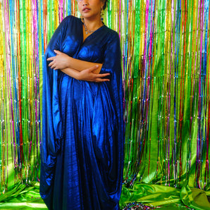 Metallic Blue Pleated Studio 54 Maxi Kaftan Dress