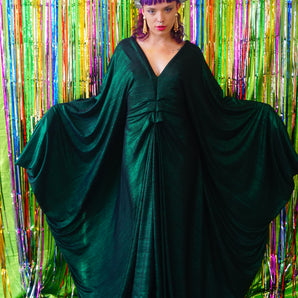 Metallic Green Pleated Studio 54 Maxi Kaftan Dress