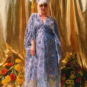 Desert Pewter Lace Sequin V Neck Kaftan Gown, Freesize