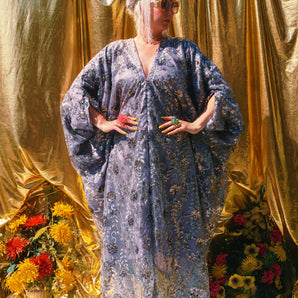 Desert Pewter Lace Sequin V Neck Kaftan Gown, Freesize