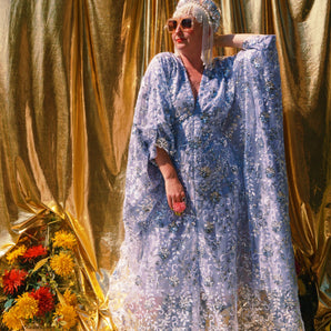 Desert Silver Lace Sequin V Neck Kaftan Gown, Freesize