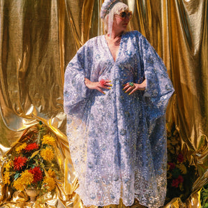 Desert Silver Lace Sequin V Neck Kaftan Gown, Freesize