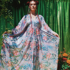 Pink Island Bloom Foil V-Neck Kaftan Gown