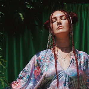 Pink Island Bloom Foil V-Neck Kaftan Gown