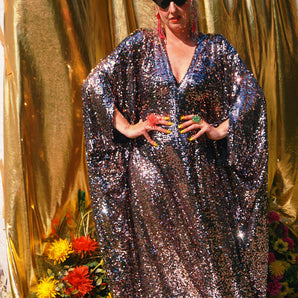 Sundown Shimmer Sequin V Neck Kaftan Gown, Freesize