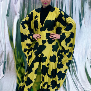 Slinky Yellow and Black Cow hide print Shimmer Kaftan Dress