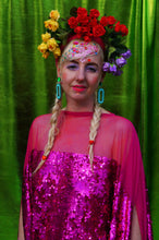 Load image into Gallery viewer, Cerise Holographic Sequin Mesh High neck Kaftan Gown
