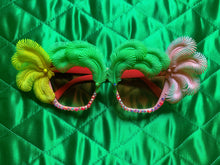 Load image into Gallery viewer, Dame Edna Yellow and lime feather and pink tinted sunglasses
